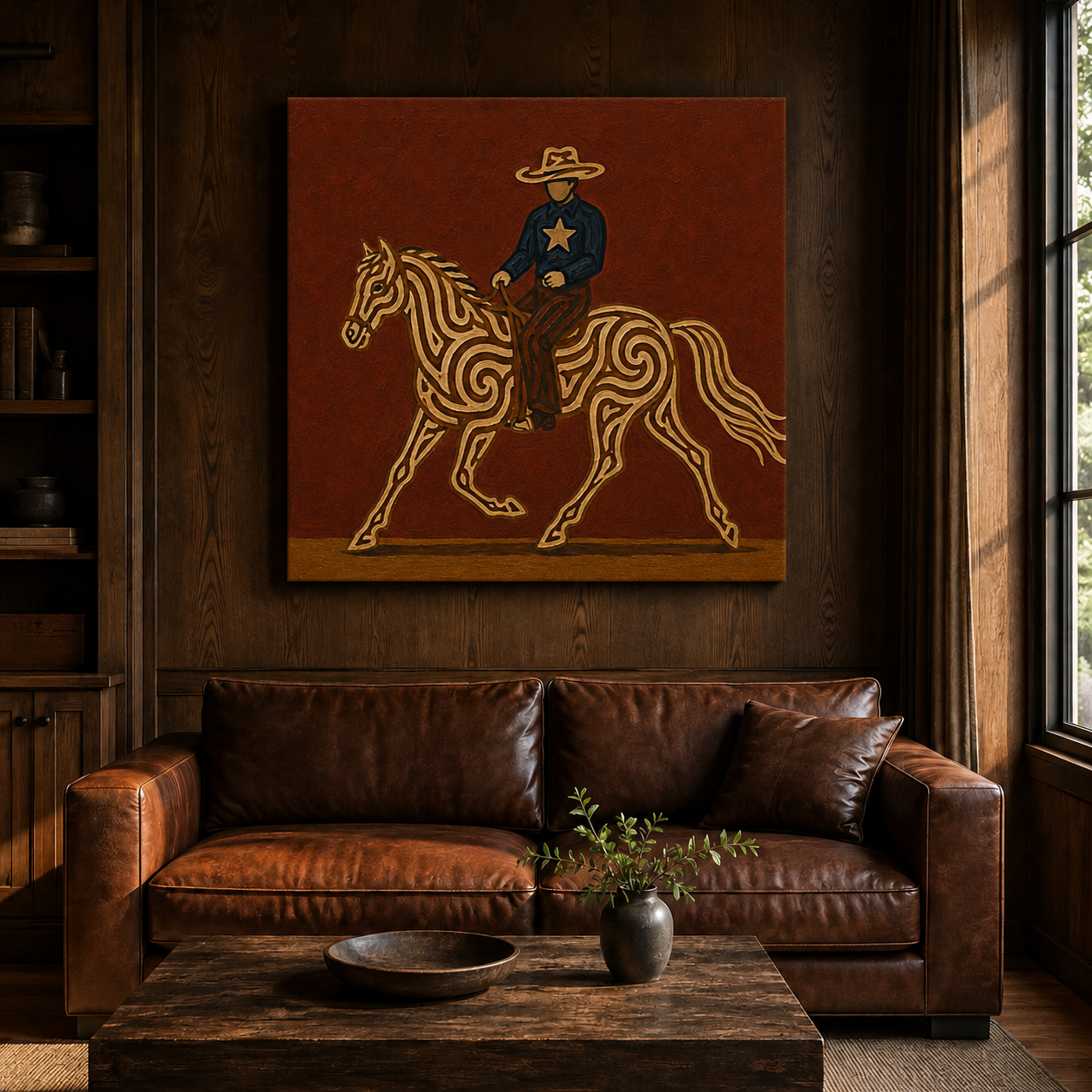 Cowboy Riding Horse Art , Western Ranch Horse Painting, Classic Cowboy Wall For Living Room Decor