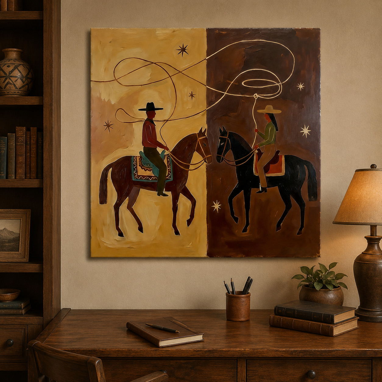 Western Cowboy Horse Painting Earthy Tones Modern Wall Art For Living Room