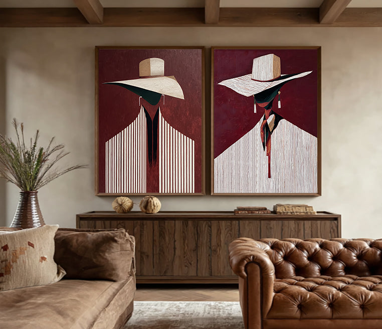 Modern Abstract Figure Painting With Hats Deep Red Background Diptych For Hallway