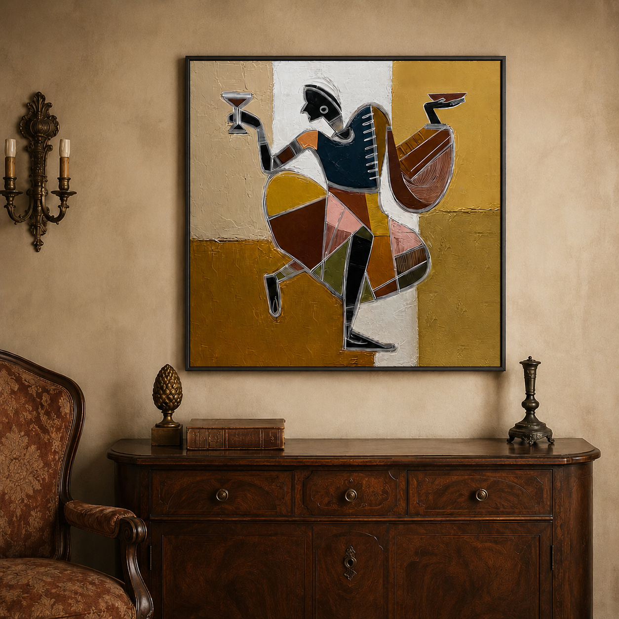Vintage Art Deco Dancer Painting Gold And Black Abstract Figure Wall Art For Living Room