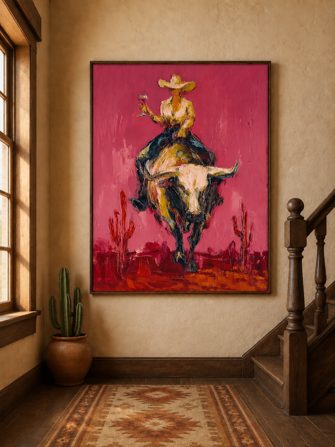 Pink Rodeo Bull Rider Hand-Painted Oil Painting | Southwestern Wall Art