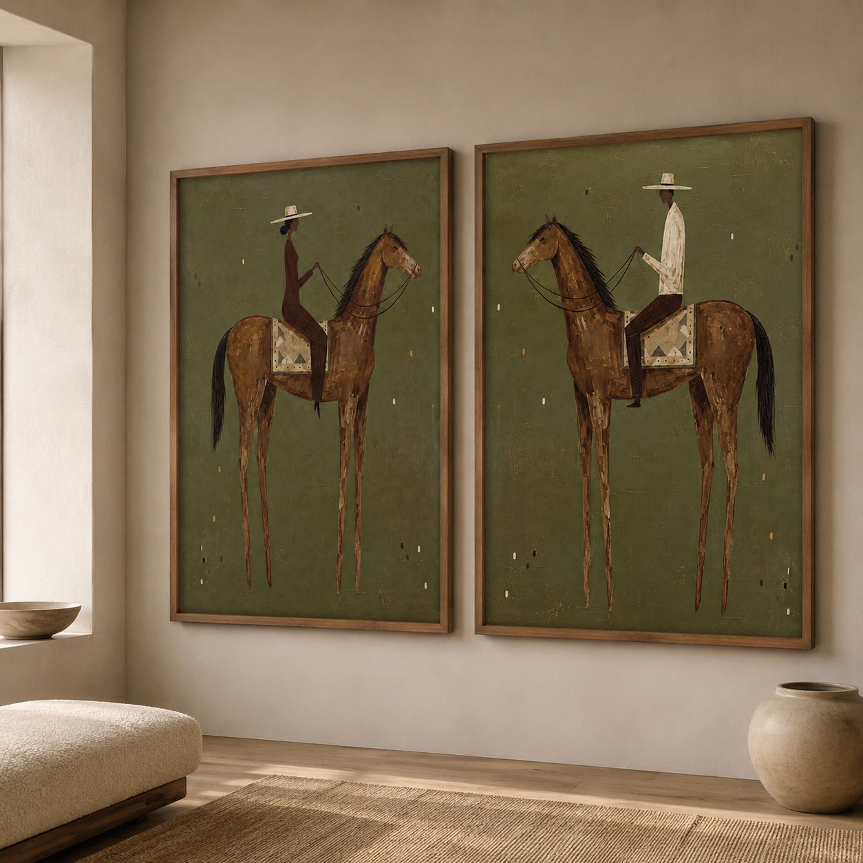 Vintage Equestrian Diptych With Green Background And Brown Horses Original Oil Painting Set Of Two
