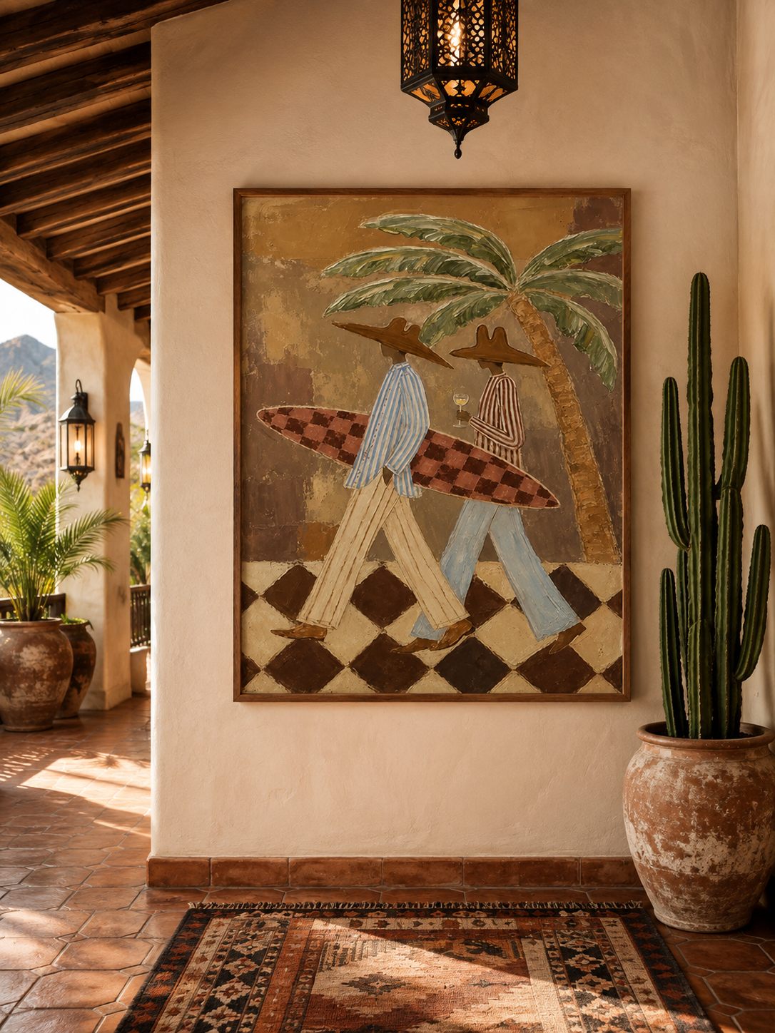 Figurative Summer Vacation Art With Checkered Surfboard And Tropical Palms
