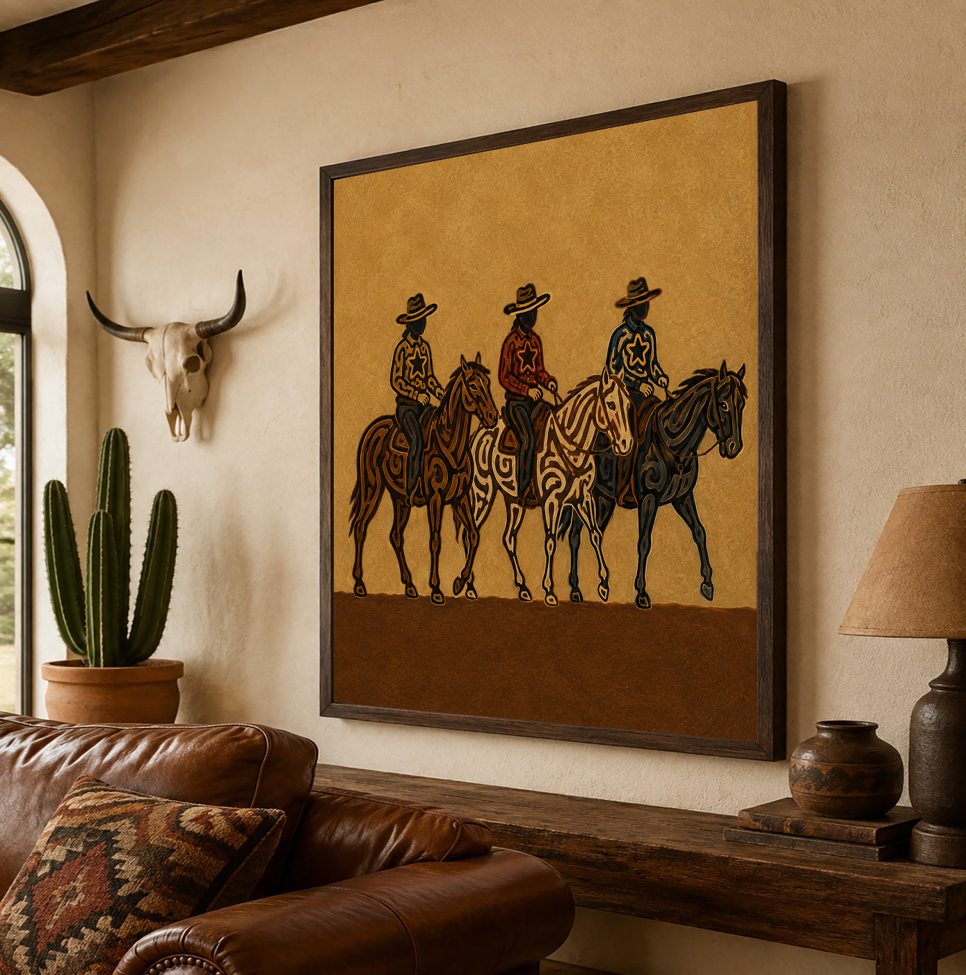 Three Cowboys Horse Painting, Western Ranch Riders, Southwestern Folk Wall Art For Home