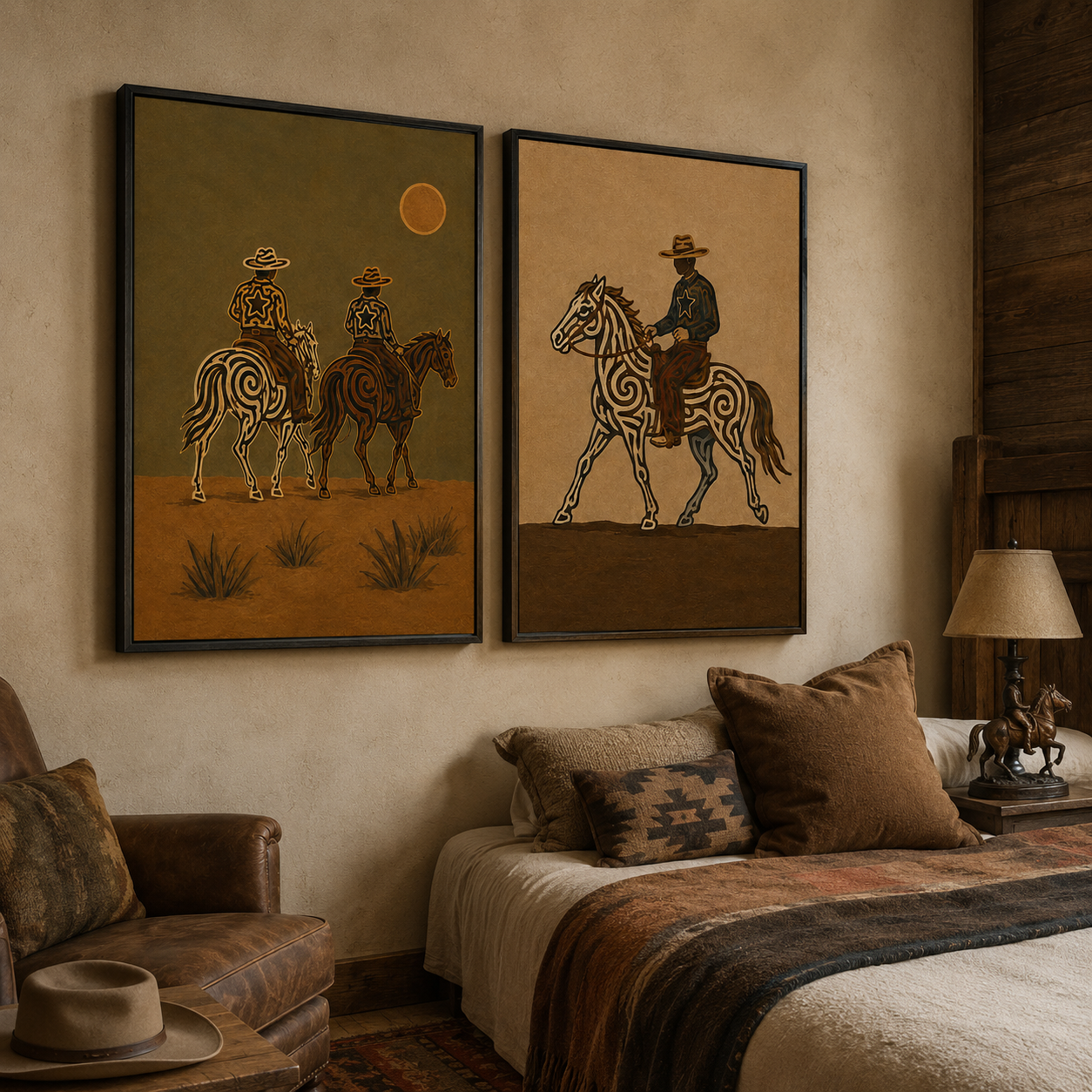 Vintage Sunset Desert Western Wall Art Set Of 2, Cowboy Riding Canvas Painting, Earth Tone Rustic Home Decor