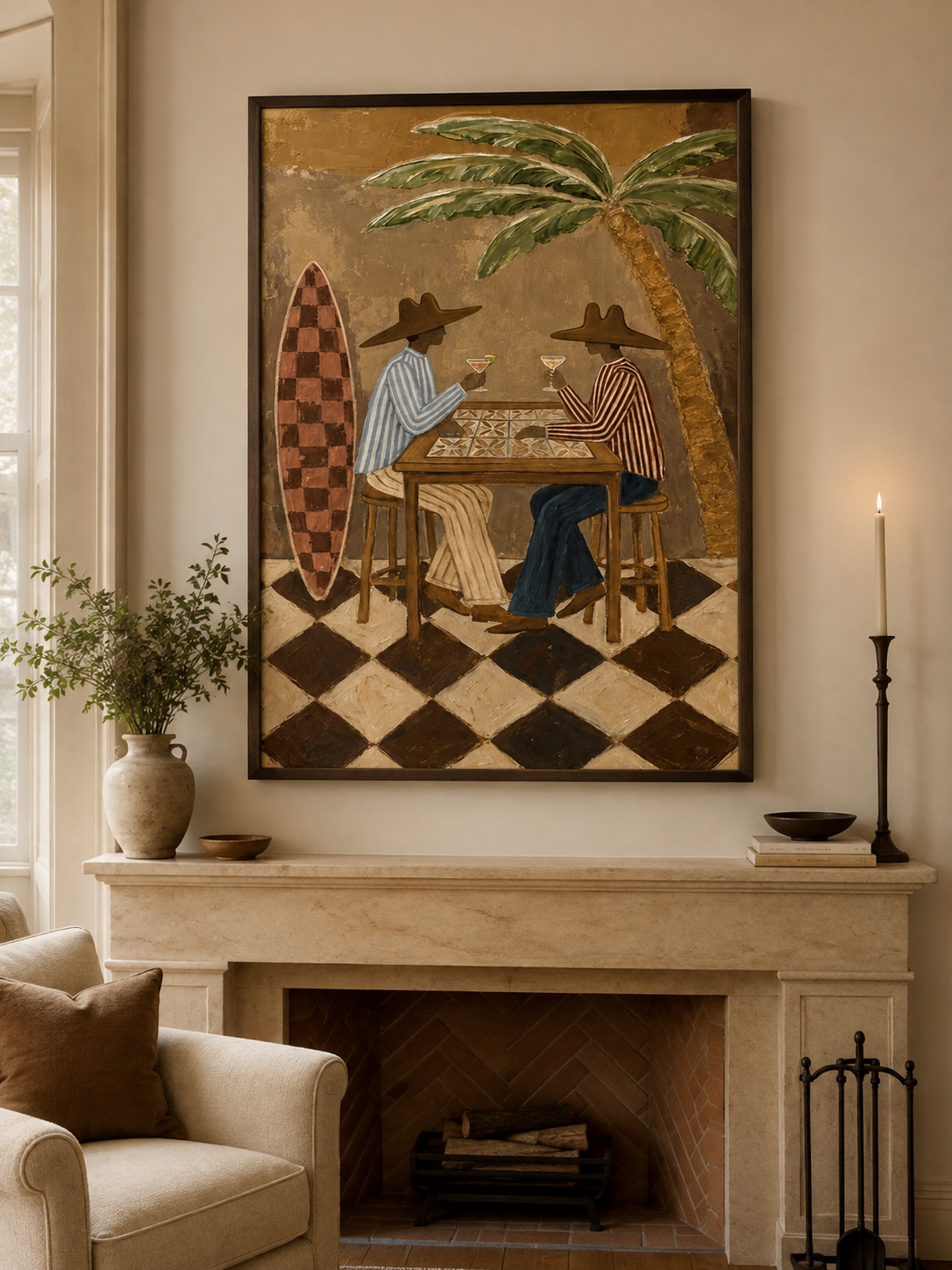 Tropical Surf Bar Painting With Cowboy Hats And Palm Tree For Coastal Living Room Decor