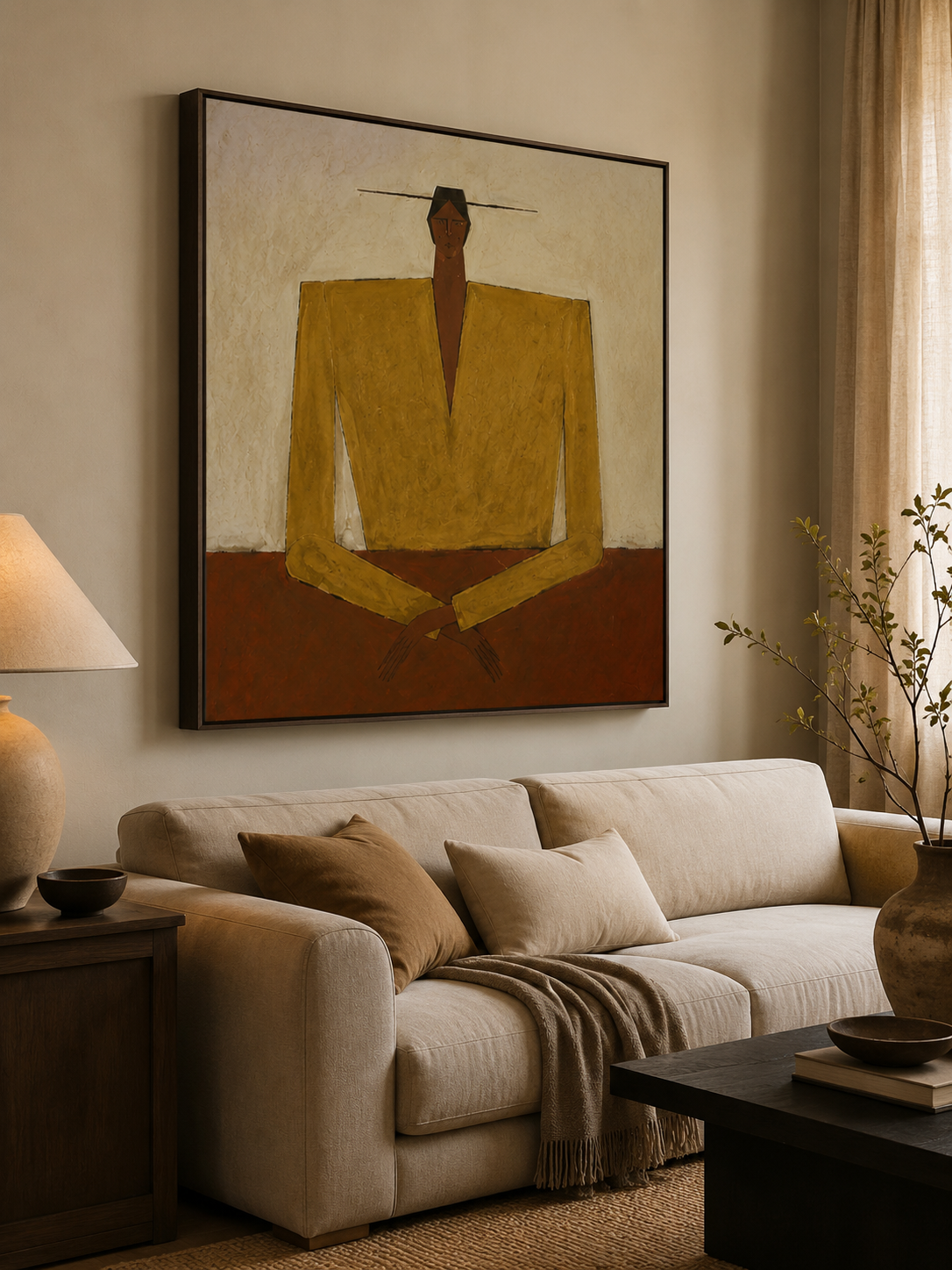 Abstract Figurative Oil Painting In Earth Tones For Mid Century Modern Home Decor