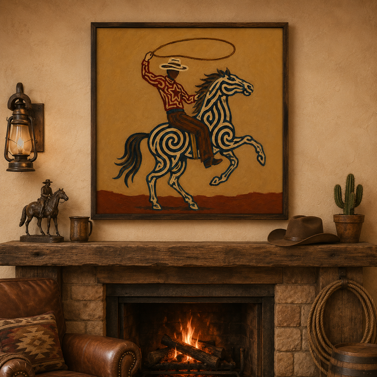 Cowboy Lasso Horse Art , Roping Horse Western Painting, Cowboy Throwing Lasso Wall Decor, Dynamic Rodeo Canvas Art