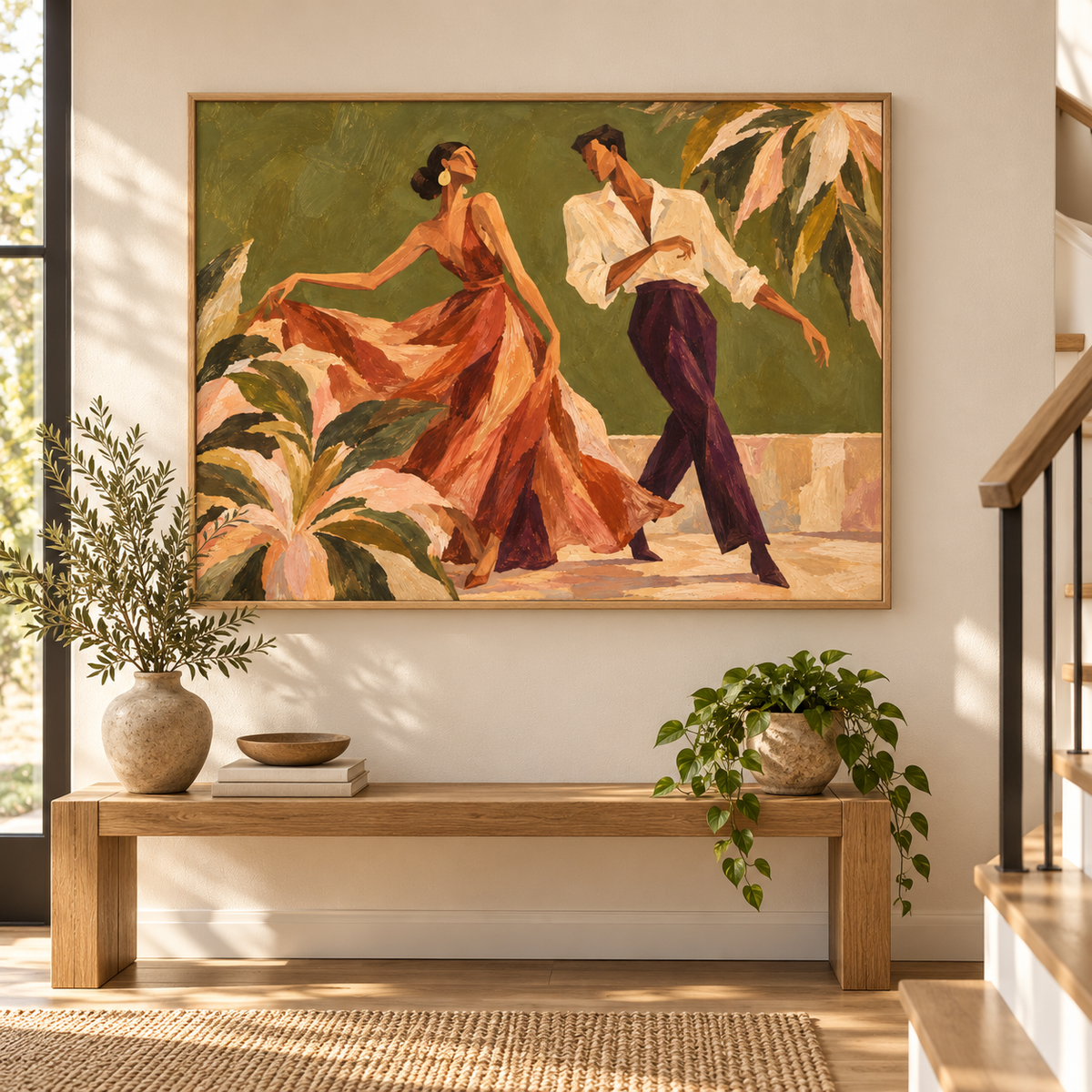 Vintage Dancing Couple Canvas Painting With Tropical Palms And Green Tones