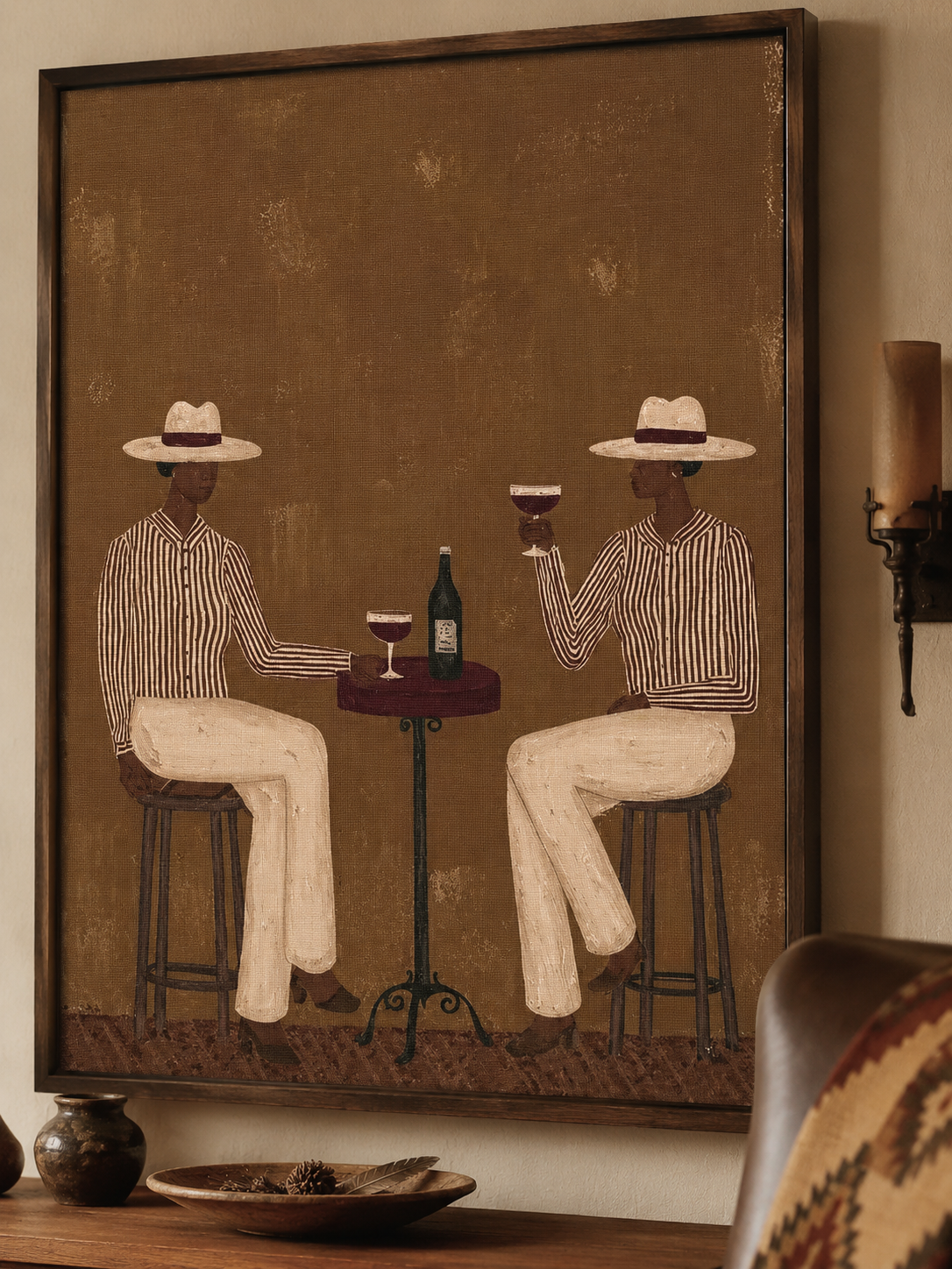 Vintage Bistro Figure Painting For Modern Dining Room Wall Art With Earthy Tones