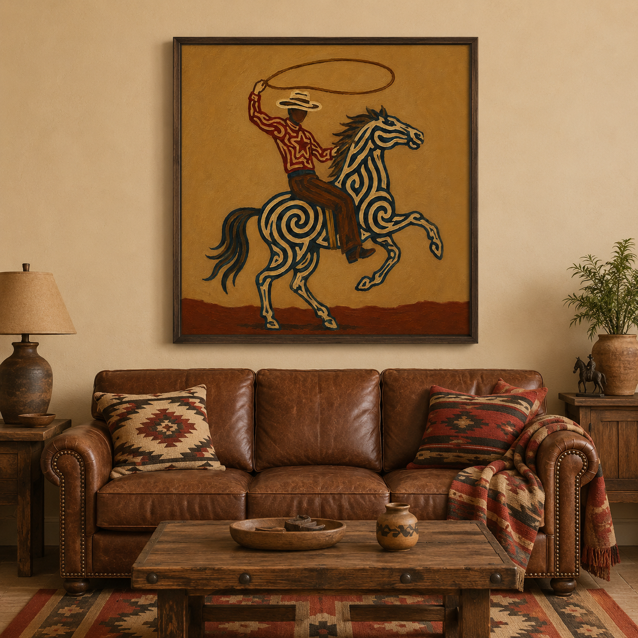 Cowboy Lasso Horse Art , Roping Horse Western Painting, Cowboy Throwing Lasso Wall Decor, Dynamic Rodeo Canvas Art