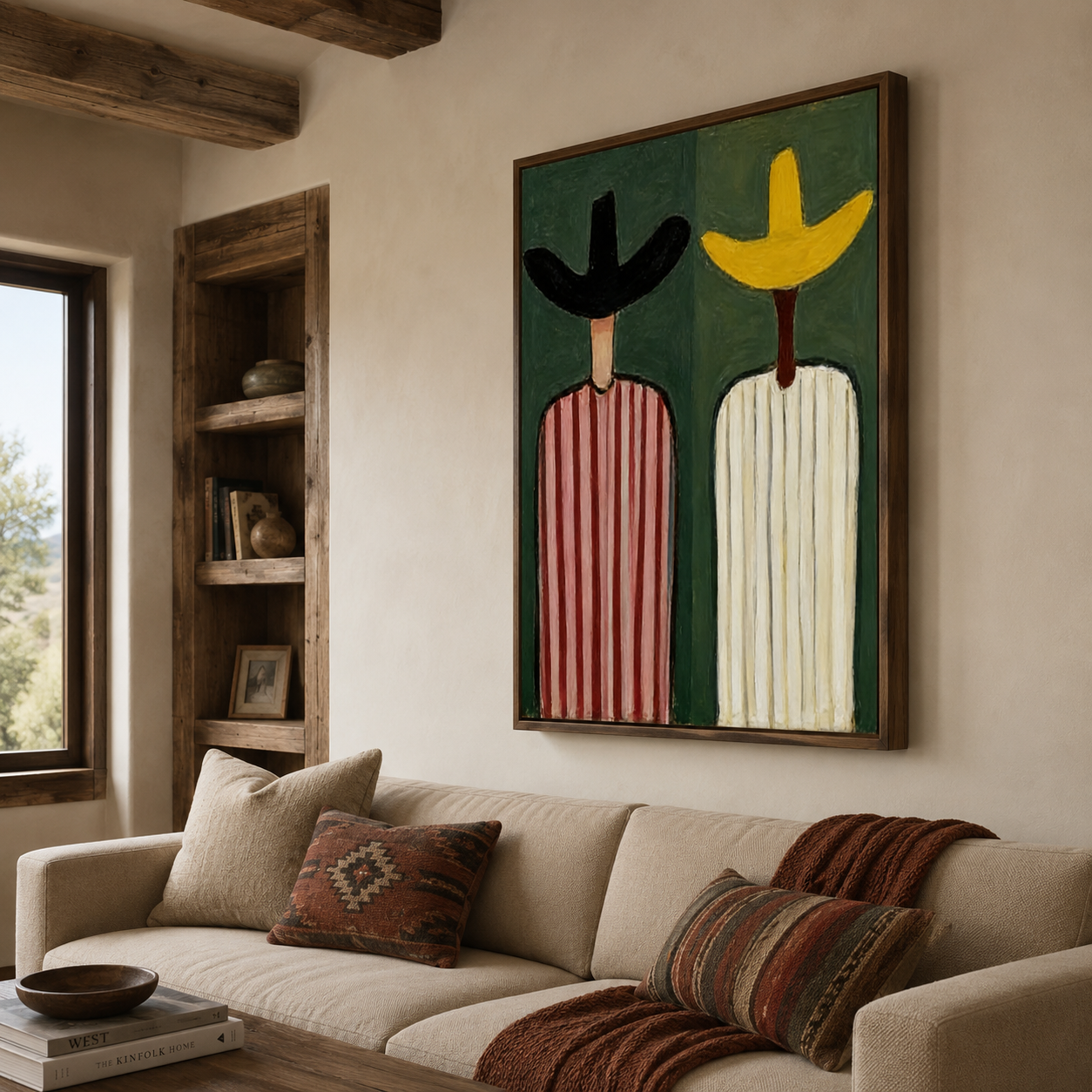 Abstract Figurative Painting With Sage Green Background And Striped Characters For Modern Home Decor