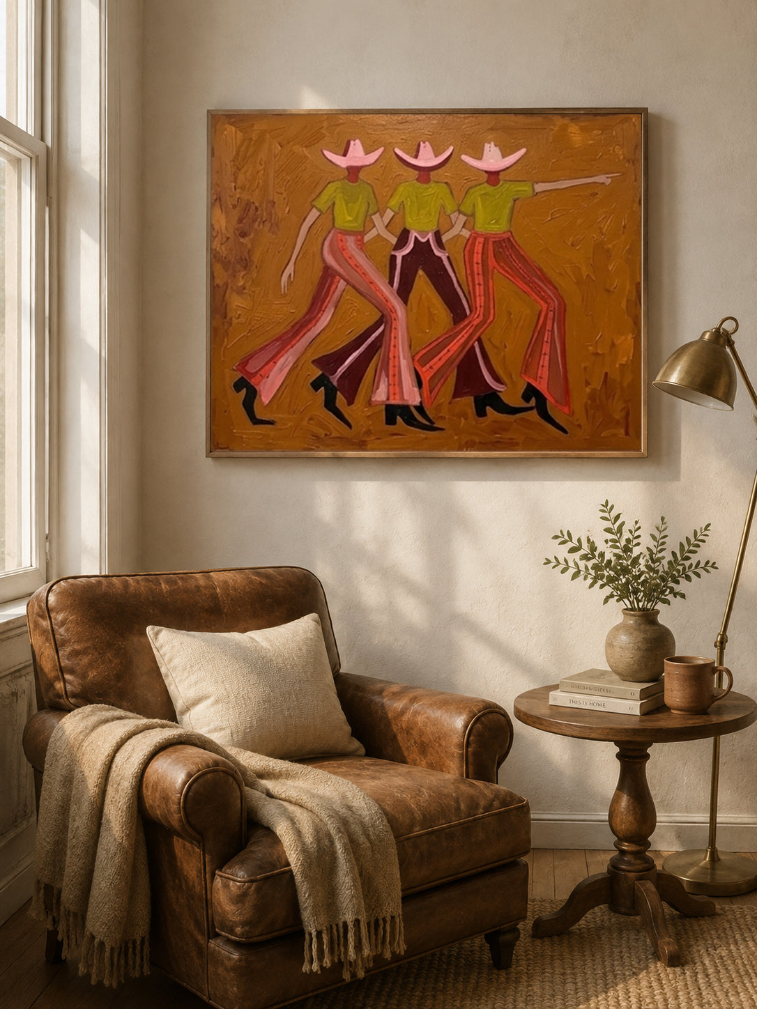 Vintage Cowgirl Painting With Pink Hats And Green Shirts On Canvas
