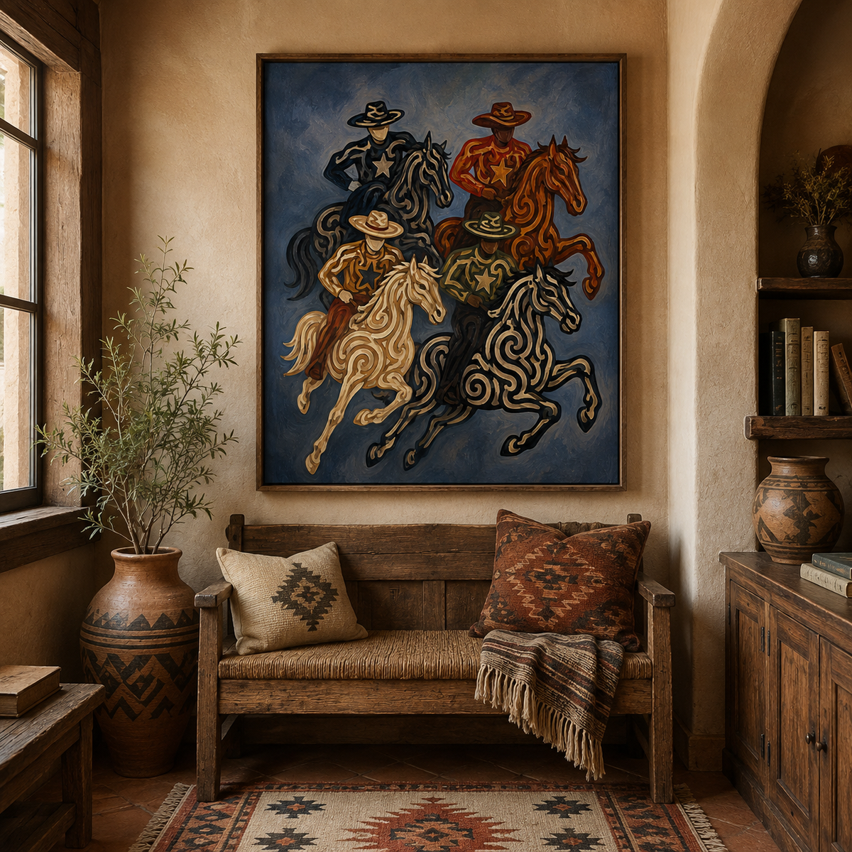 Cowboy And Horse Painting Hand-Painted Navy Blue Western Canvas Art