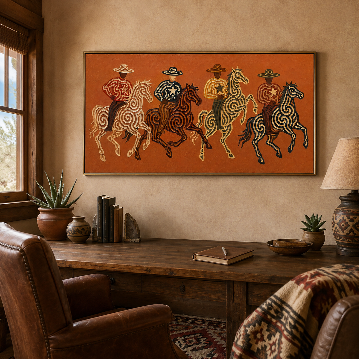Panoramic Four Cowboy Riders Painting, Terracotta Western Horse Art, Southwestern Ranch Decor