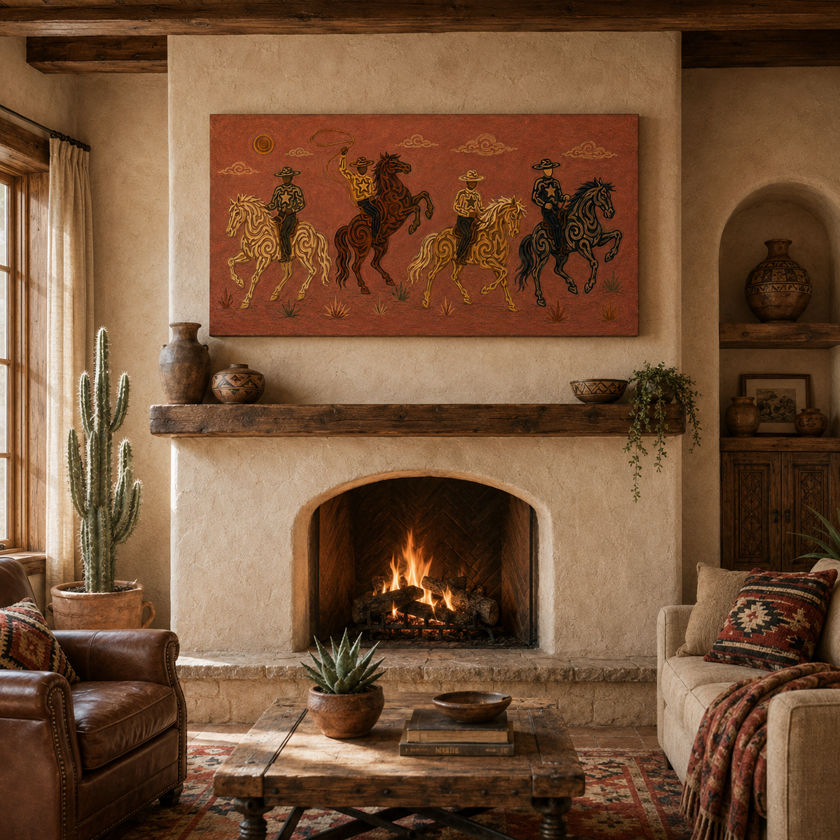 Panoramic Rodeo Cowboy Painting, Lasso Horse Riders, Southwestern Western Ranch Art