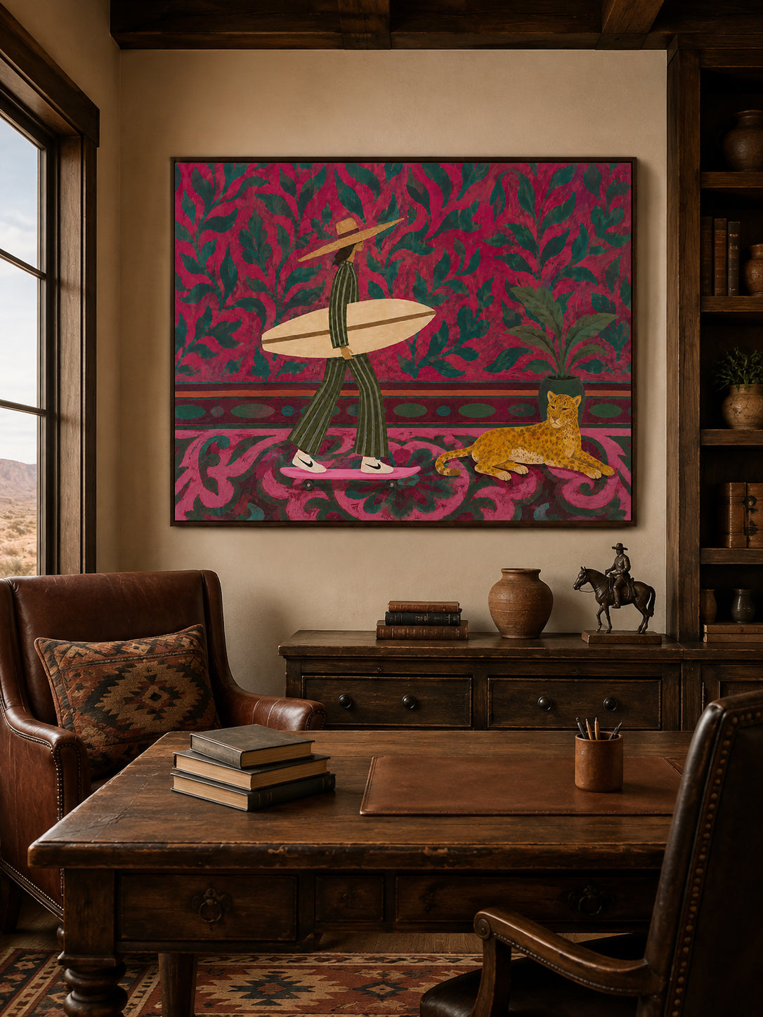 Tropical Folk Surf Woman With Cheetah Pink Floral Background Original Oil Painting For Living Room Decor