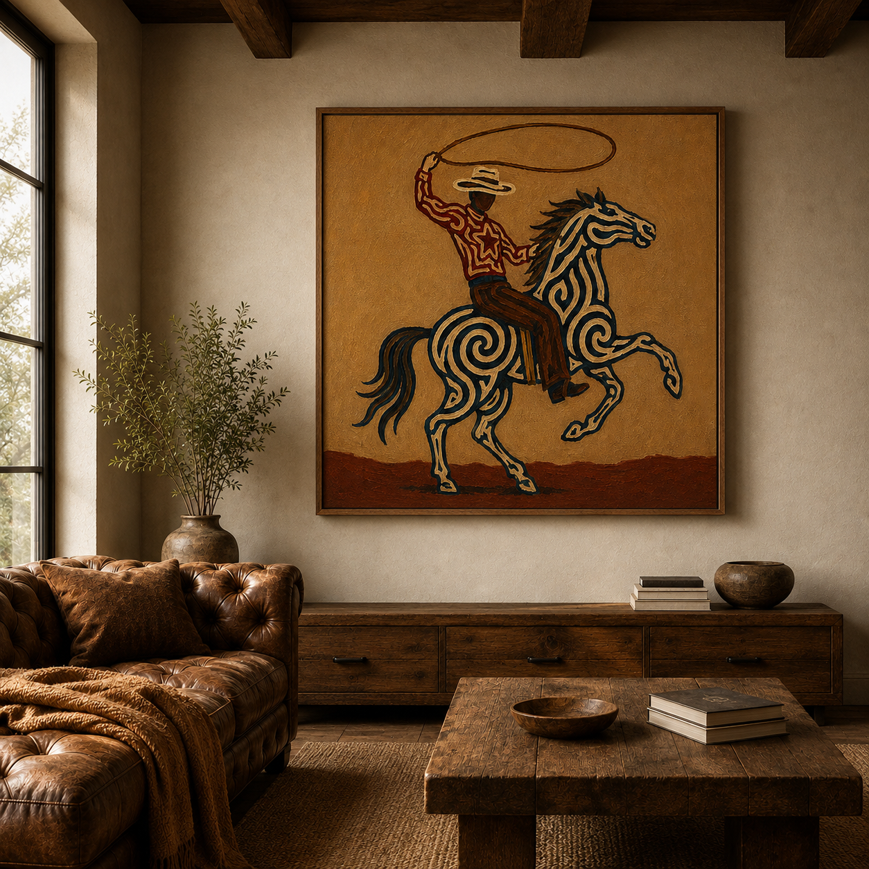 Cowboy Lasso Horse Art , Roping Horse Western Painting, Cowboy Throwing Lasso Wall Decor, Dynamic Rodeo Canvas Art