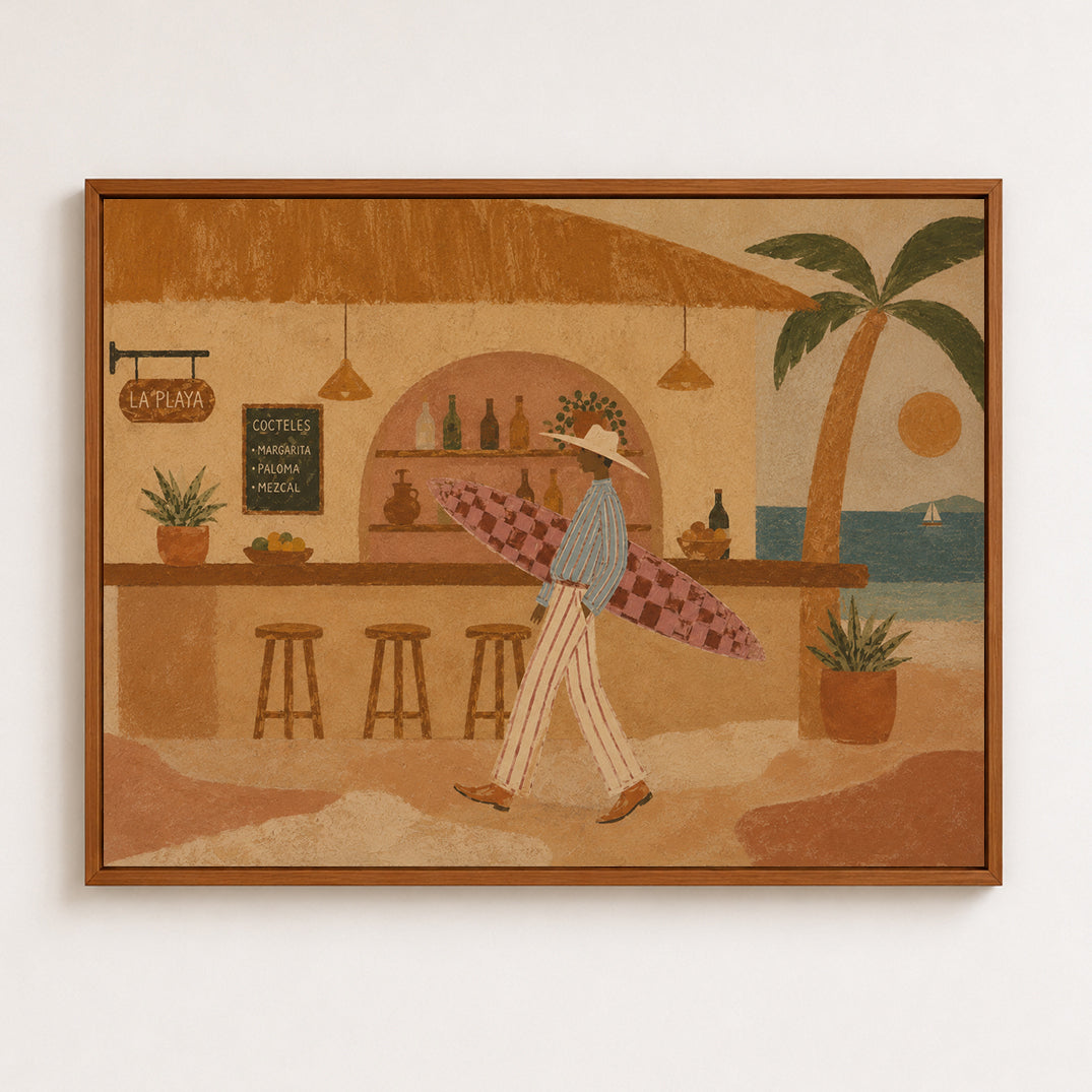 Surfer Man Oil Painting, Beach Bar Wall Art, Retro Coastal Surf Decor Beach House Decor
