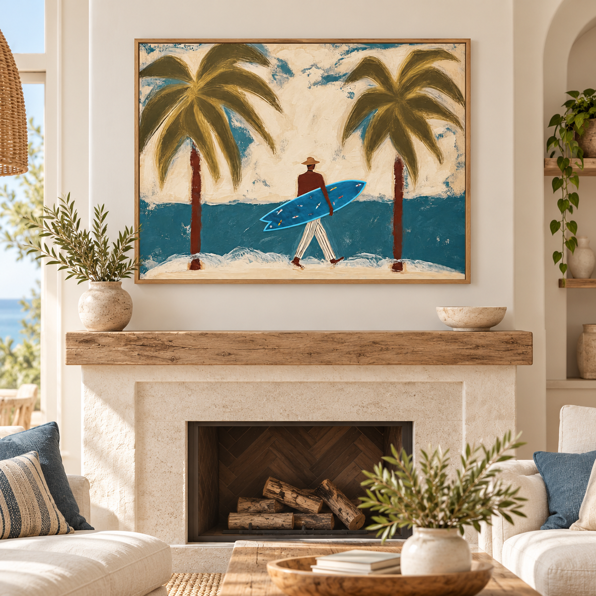 Surfer With Blue Board Vintage Beach Canvas Painting Hand-Painted Wall Art For Coastal Decor