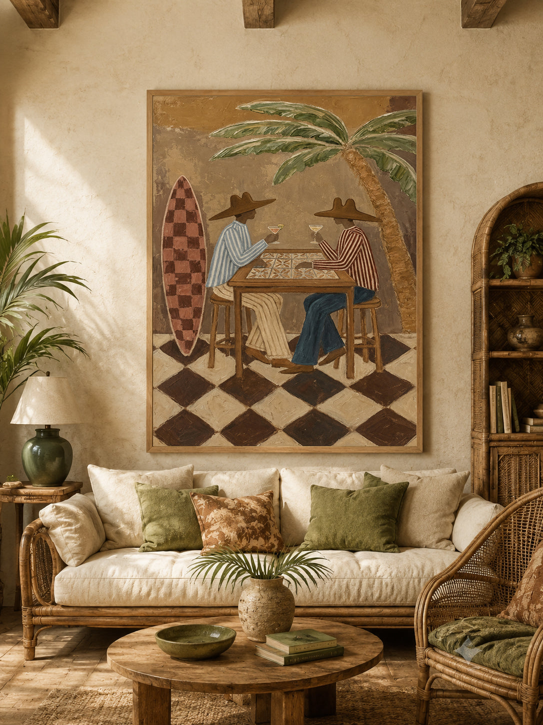 Tropical Surf Bar Painting With Cowboy Hats And Palm Tree For Coastal Living Room Decor