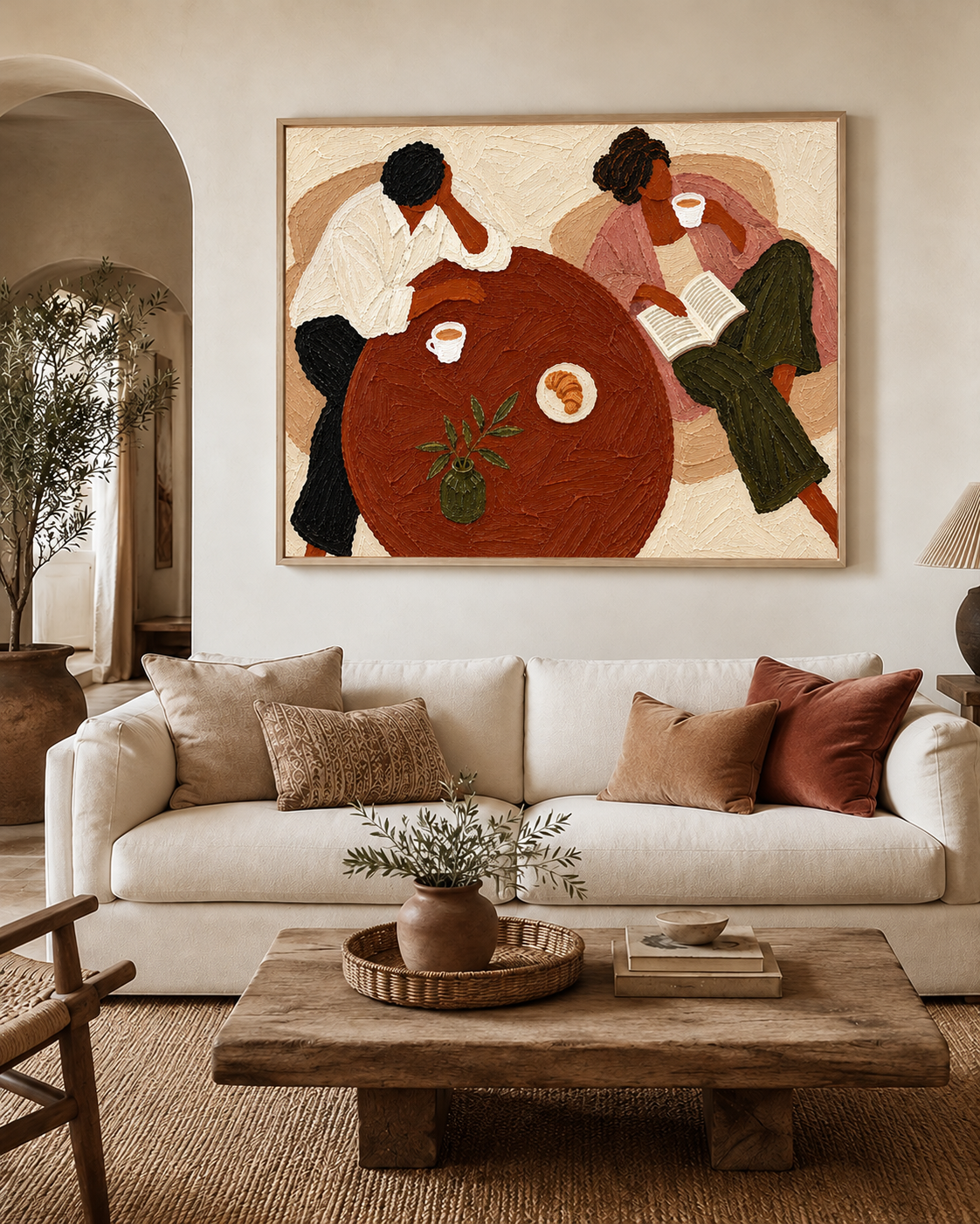 Vintage Couple Coffee Scene Hand-Painted Canvas Wall Art In Earth Tones