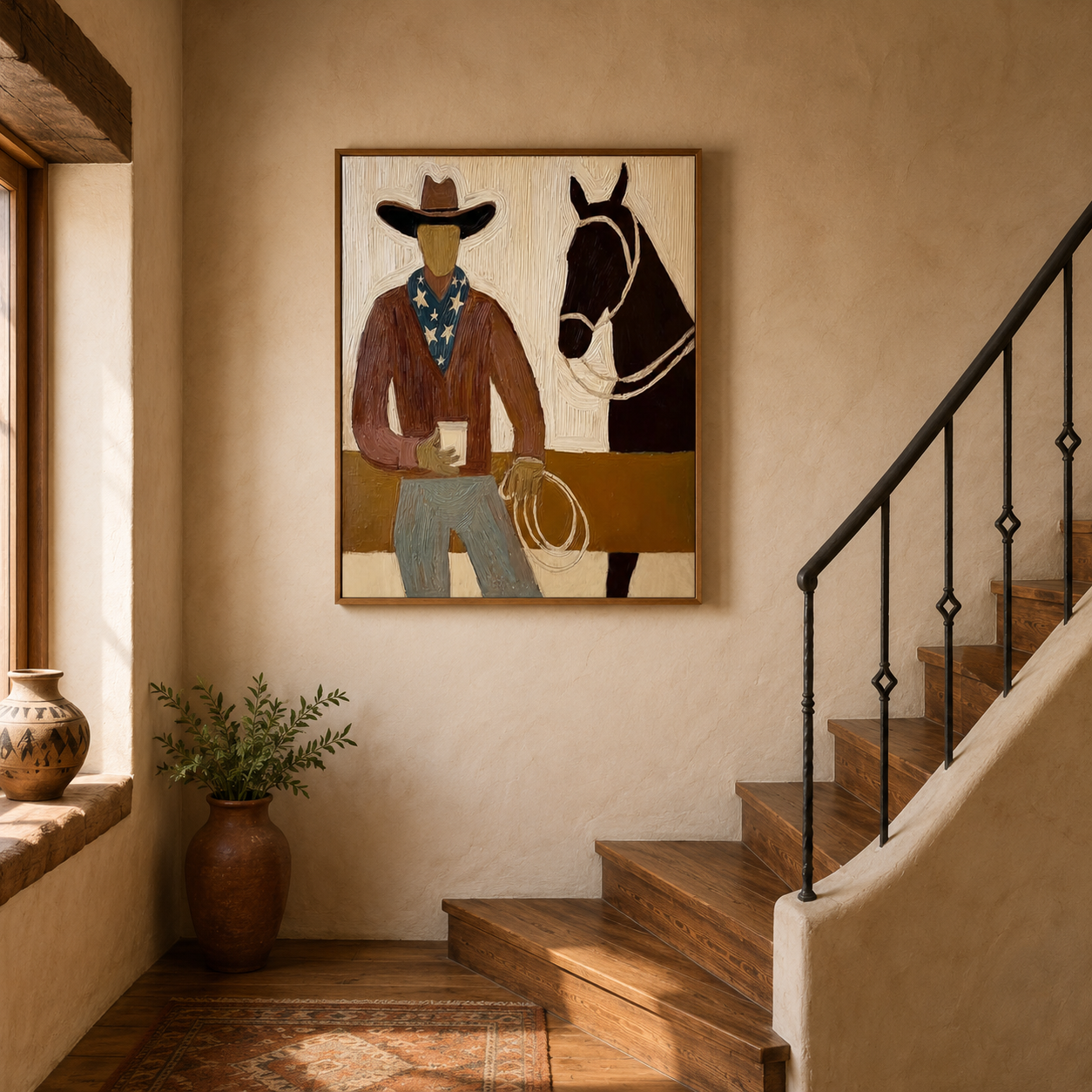 Warm Southwestern Cowboy And Horse Painting For Rustic Living Room Wall Art Decor