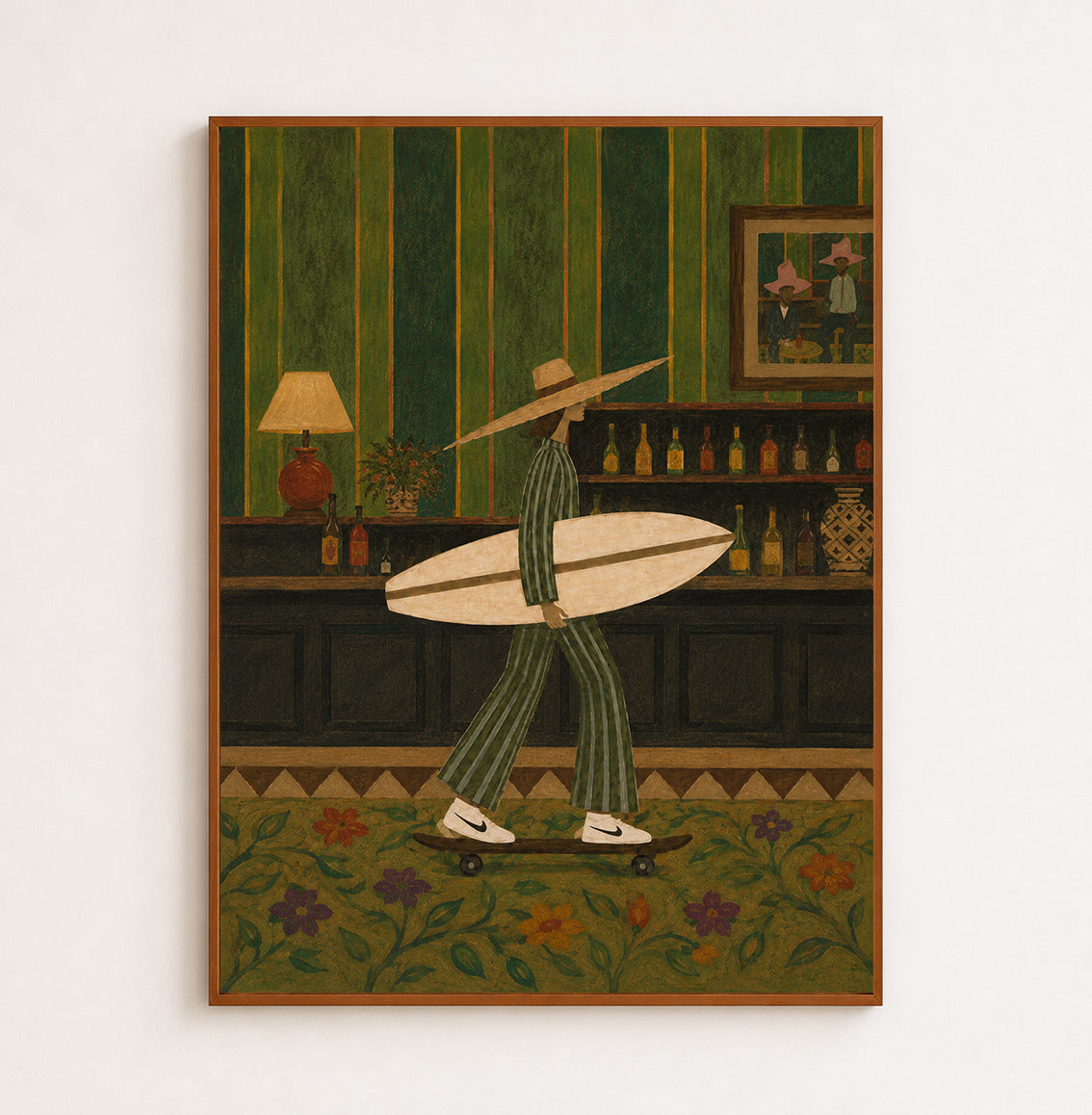 Vintage Western Surf Art Canvas Print With Cowgirl Skateboard For Retro Home Decor