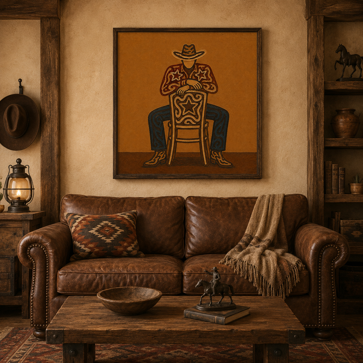 Cowboy Sitting On Chair Art, Bold Western Wall Decor, Minimalist Cowboy Painting, Warm Tone Western Art