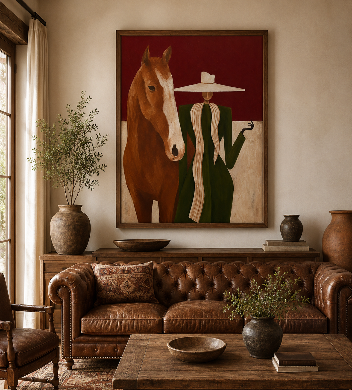 Lady In Wide Brim Hat With Horse Original Oil Painting Abstract Animal Decor