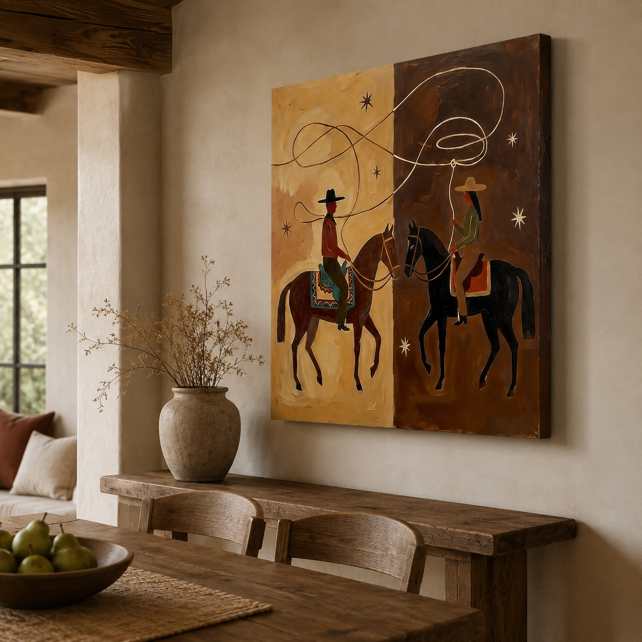 Western Cowboy Horse Painting Earthy Tones Modern Wall Art For Living Room