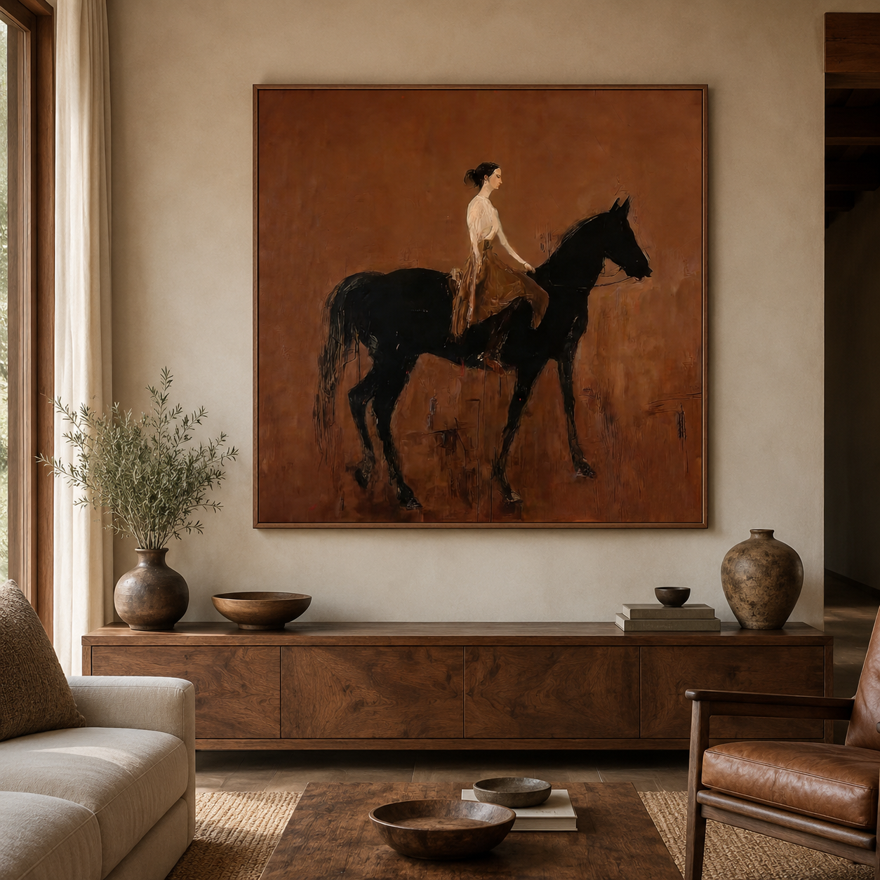 Vintage Brown Horse And Rider Painting Original Oil On Linen Canvas For Classic Home Decor