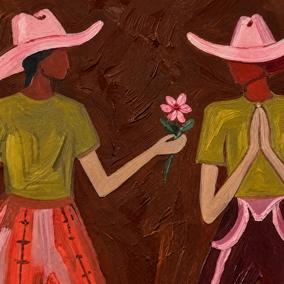 Cowgirl Flower Canvas Art, Retro Western Friendship Wall Decor, Dark Brown Aesthetic Painting
