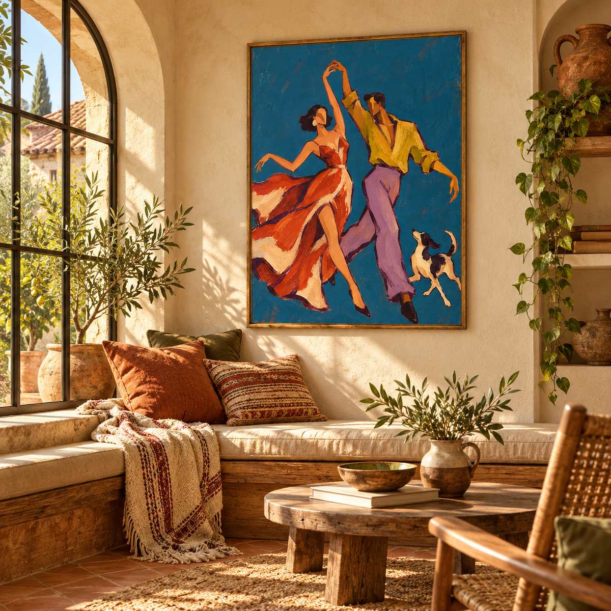 Passionate Tango Dancers Canvas Painting With Dog In Blue And Orange