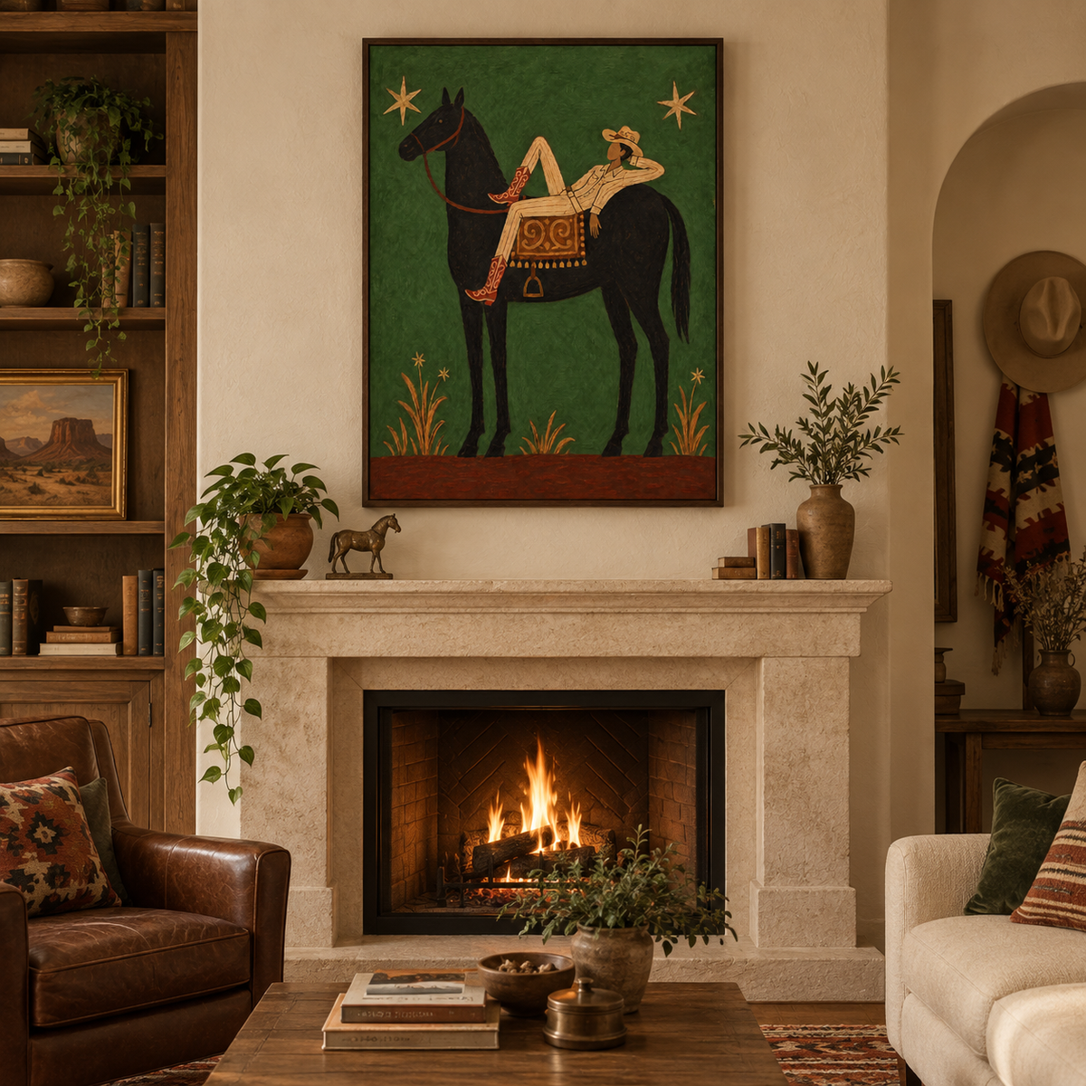 Relaxed Cowboy On Black Horse Canvas Art, Starry Night Western Wall Decor Green Background Fine Art