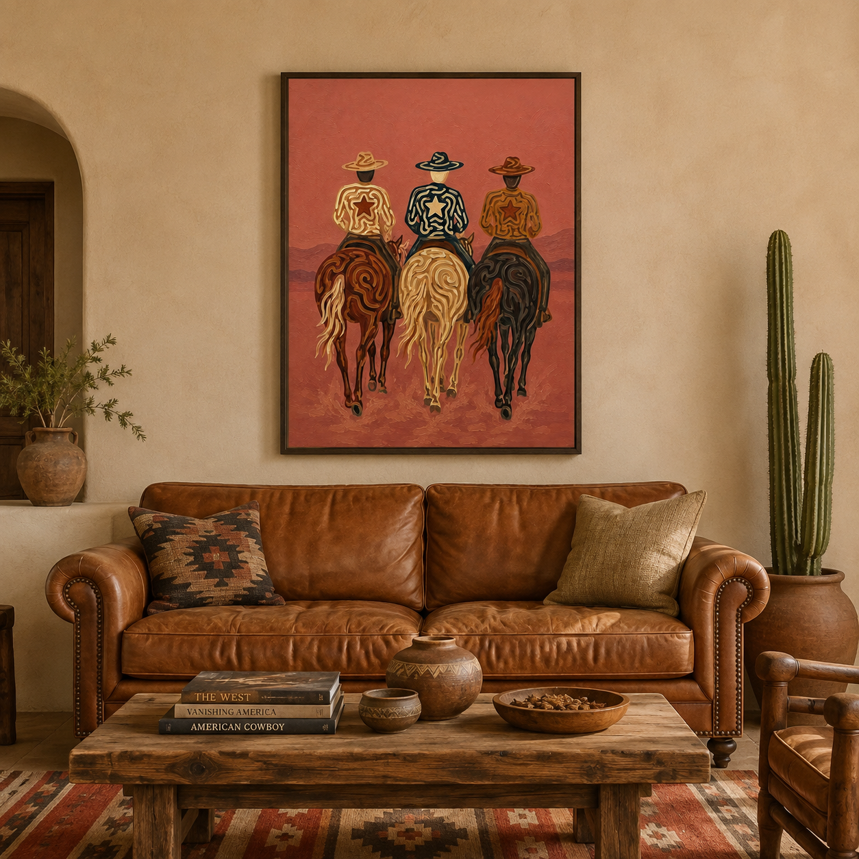 Pink Western Cowboys Painting, Desert Horse Riders, Southwestern Landscape Wall Art