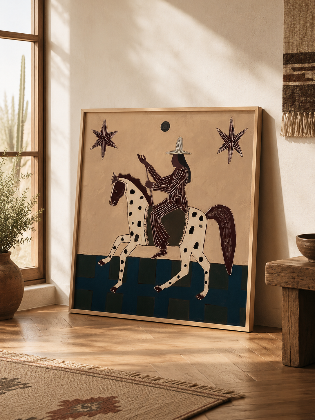 Vintage Magical Realism Folk Art Painting With Spotted Horse And Stars For Living Room Decor