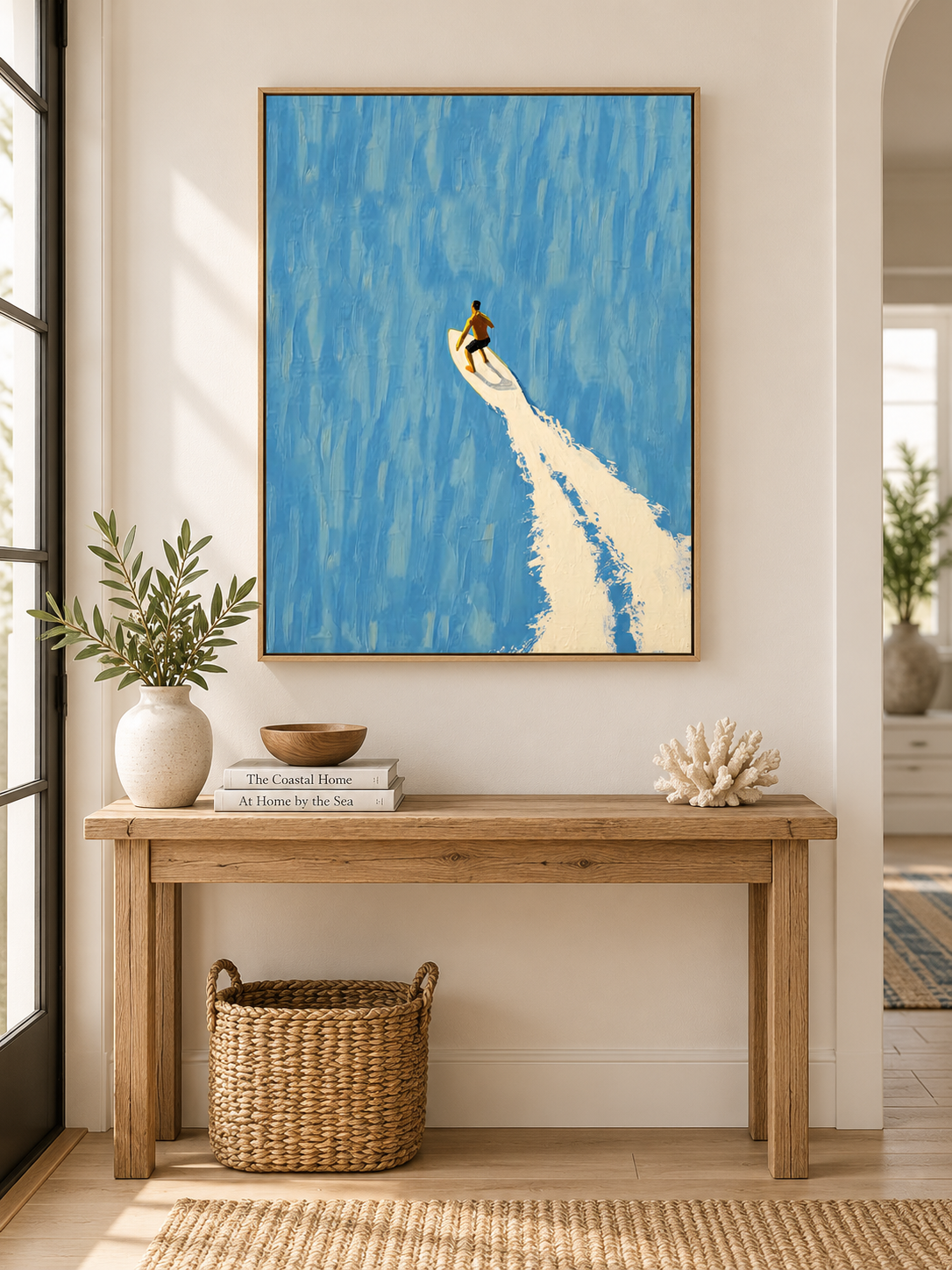 Surfer On Blue Wave Hand-Painted Canvas Art For Modern Beach Decor