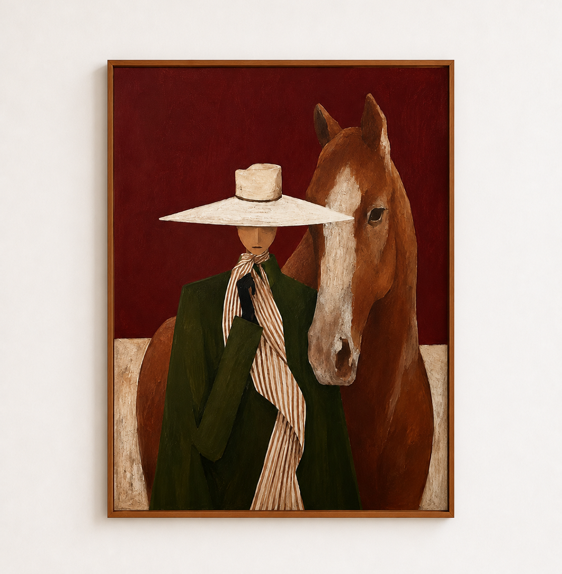 Modern Figurative Oil Painting Of Lady In Hat And Horse Unique Wall Art For Entryway And Hallway