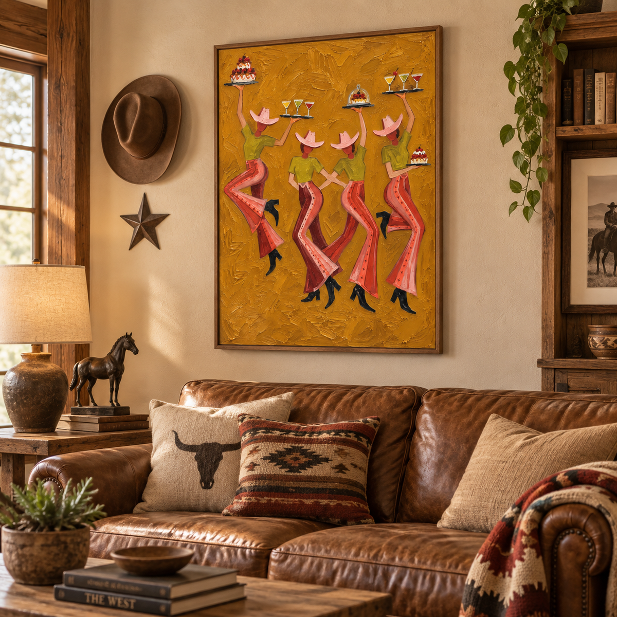 Vintage Cowgirl Party Canvas Painting With Cocktails And Cakes For Rustic Decor