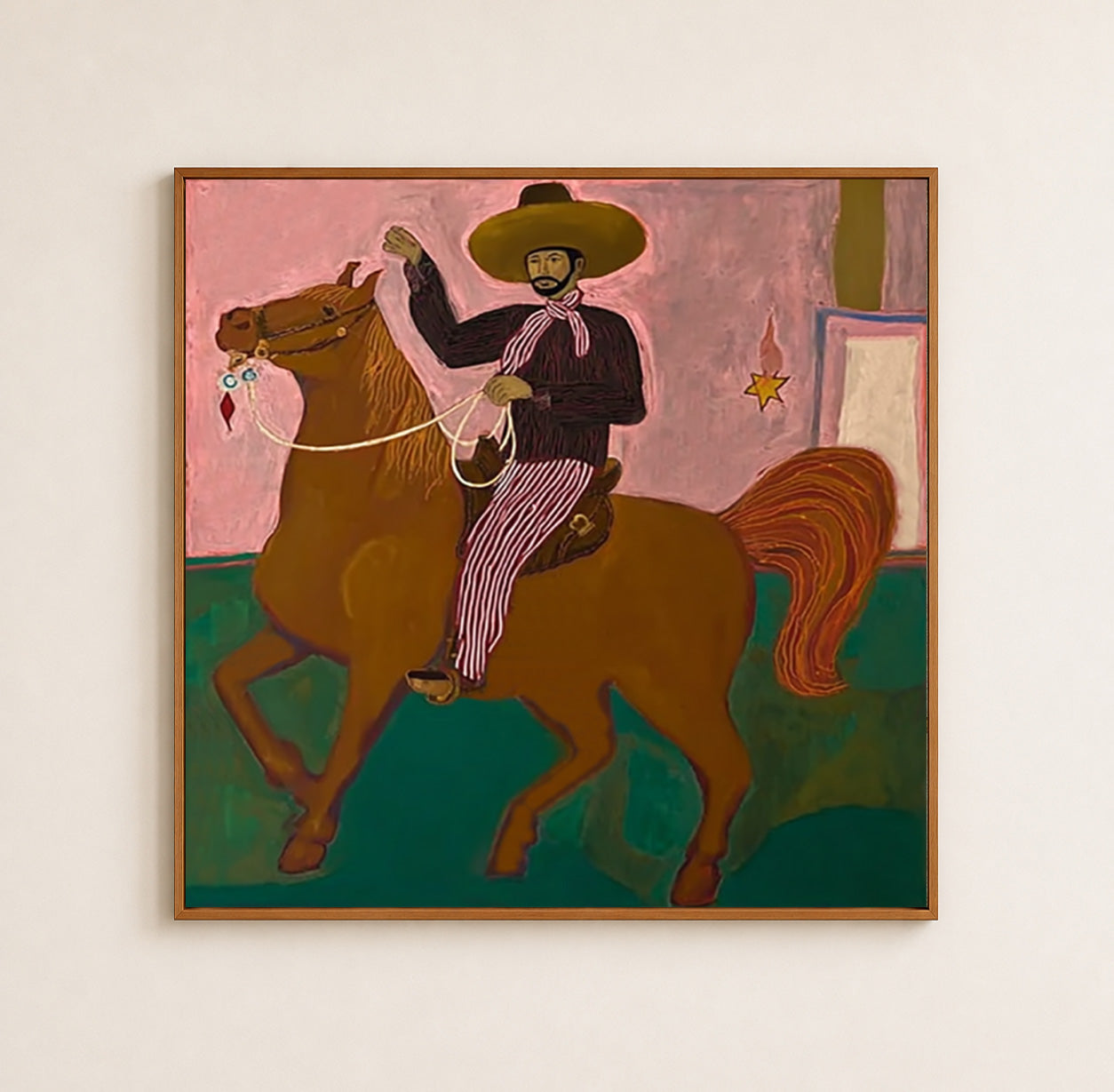 Vintage Southwestern Cowboy Horse Painting Original Folk Art Canvas For Living Room Decor
