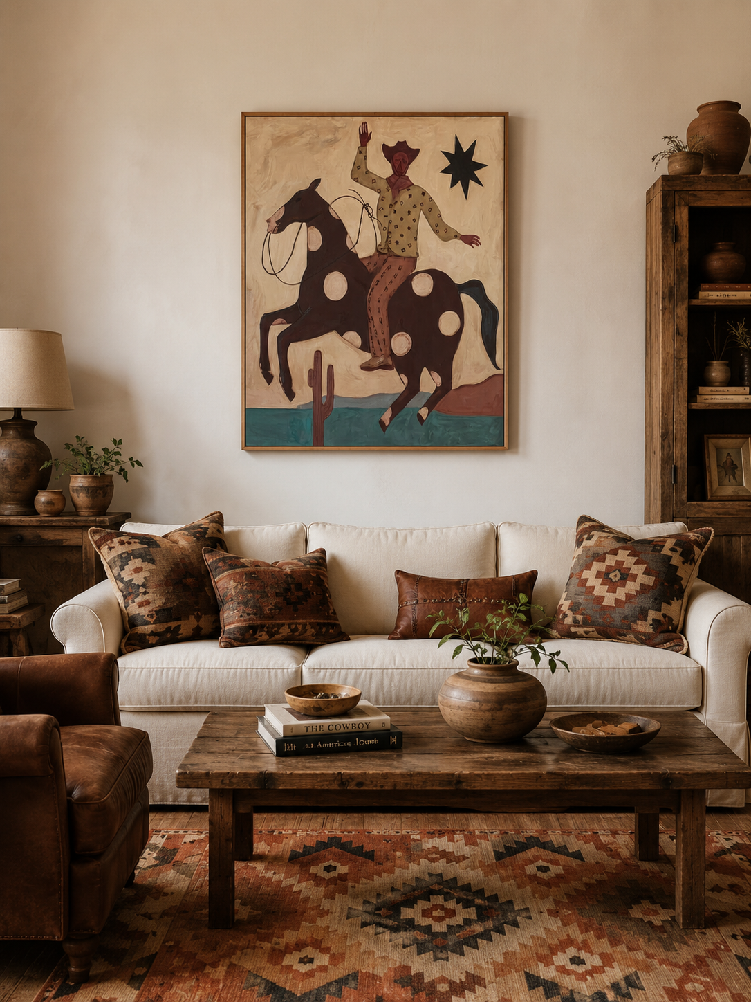 Figurative Cowboy Painting With Spotted Horse And Desert Landscape In Retro Vintage Style