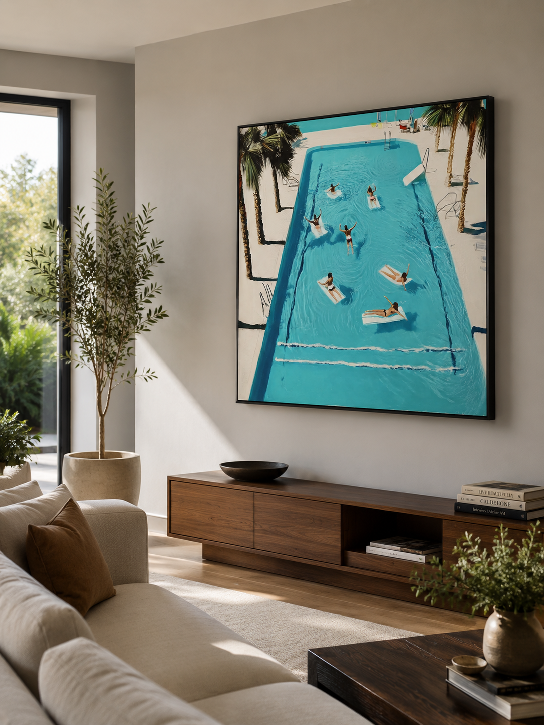 Vintage Swimming Pool Oil Painting With Palm Trees For Retro Bedroom Wall Art Decor