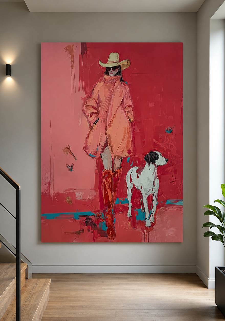 Bold Red Fashion Figure With Dog Original Oil Painting For Modern Home Decor