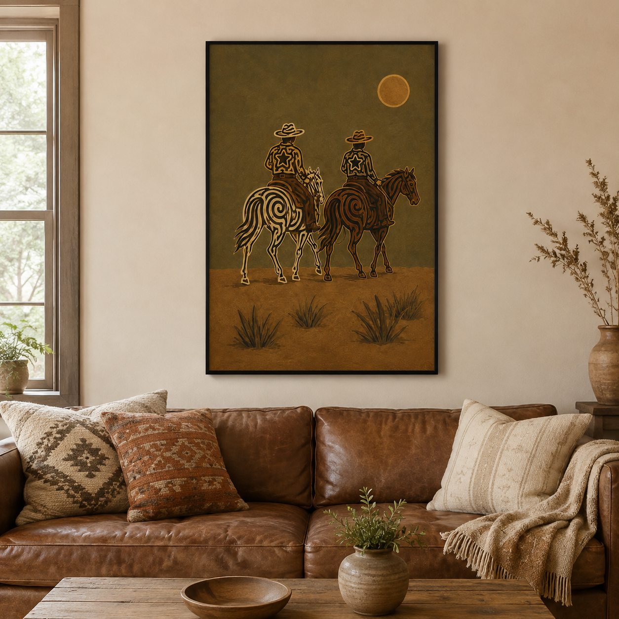 Moonlit Cowboys Painting, Western Horse Riders, Southwestern Desert Wall Art For Western Decor