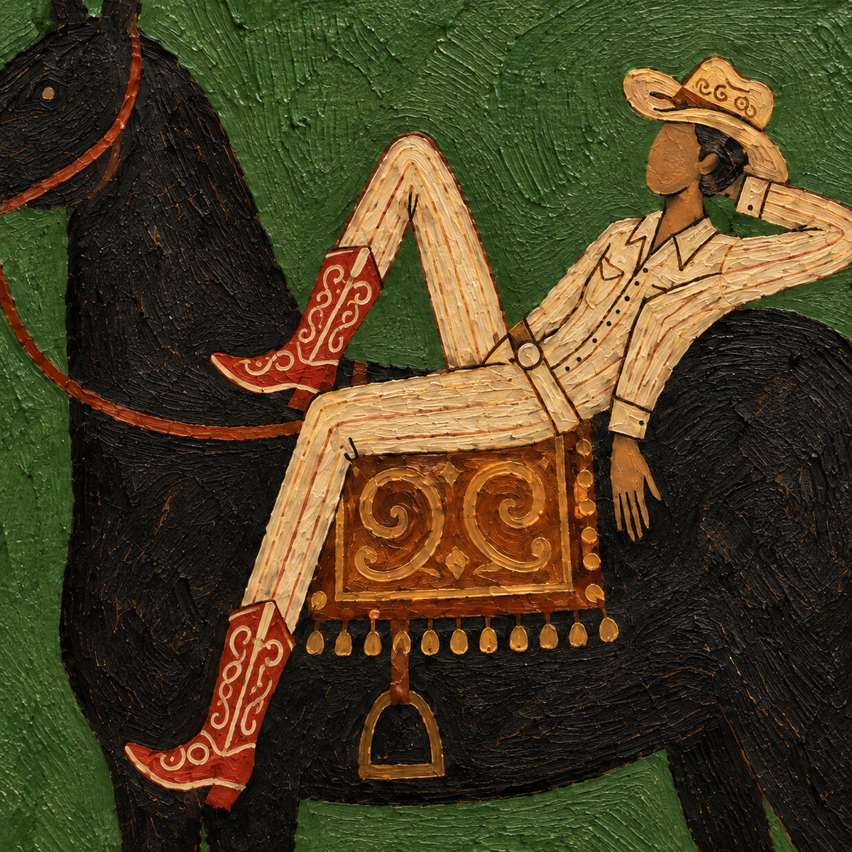 Relaxed Cowboy On Black Horse Canvas Art, Starry Night Western Wall Decor Green Background Fine Art