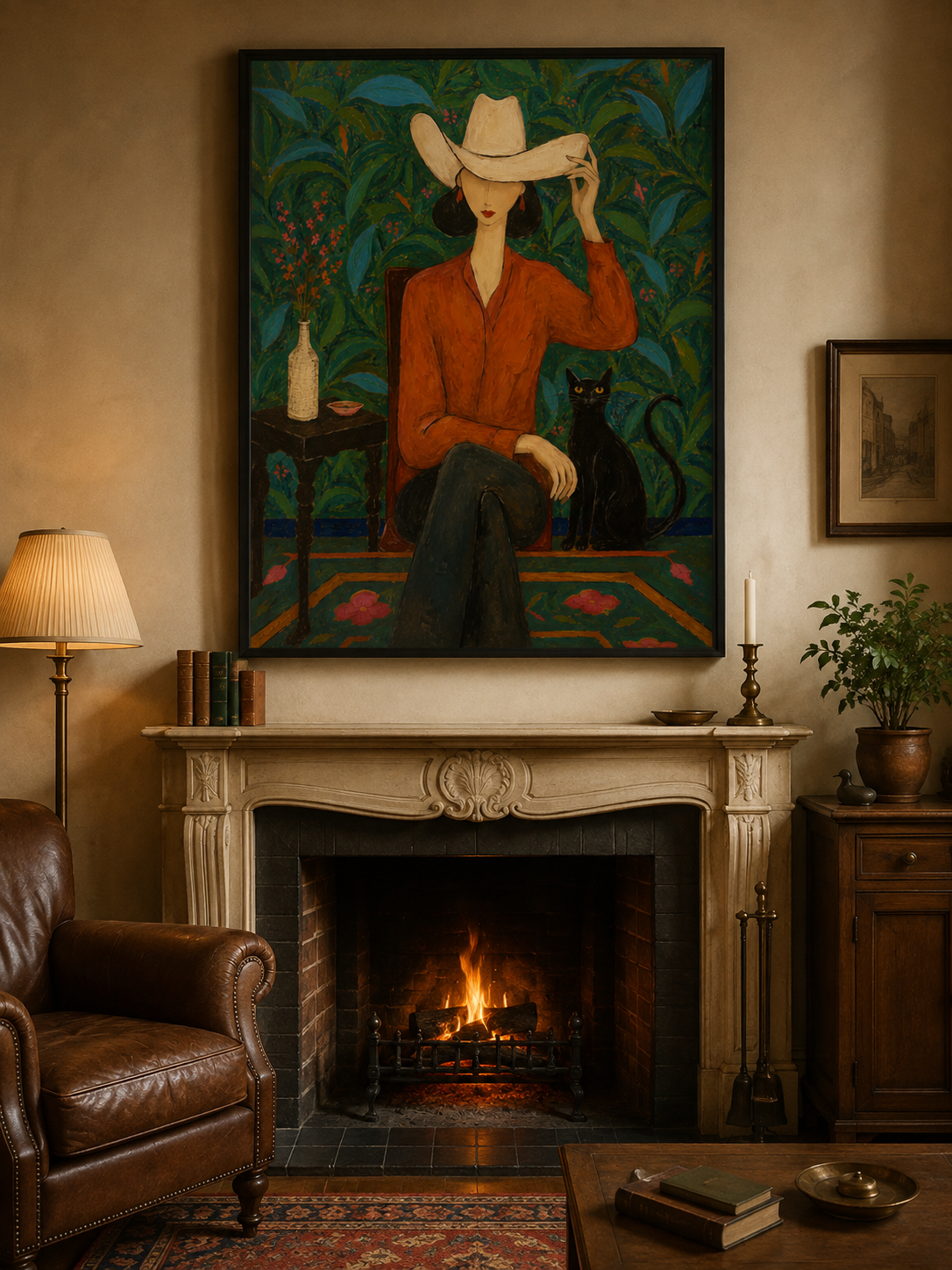 Stylish Woman And Black Cat Painting In Folk Art Style For Living Room Decor