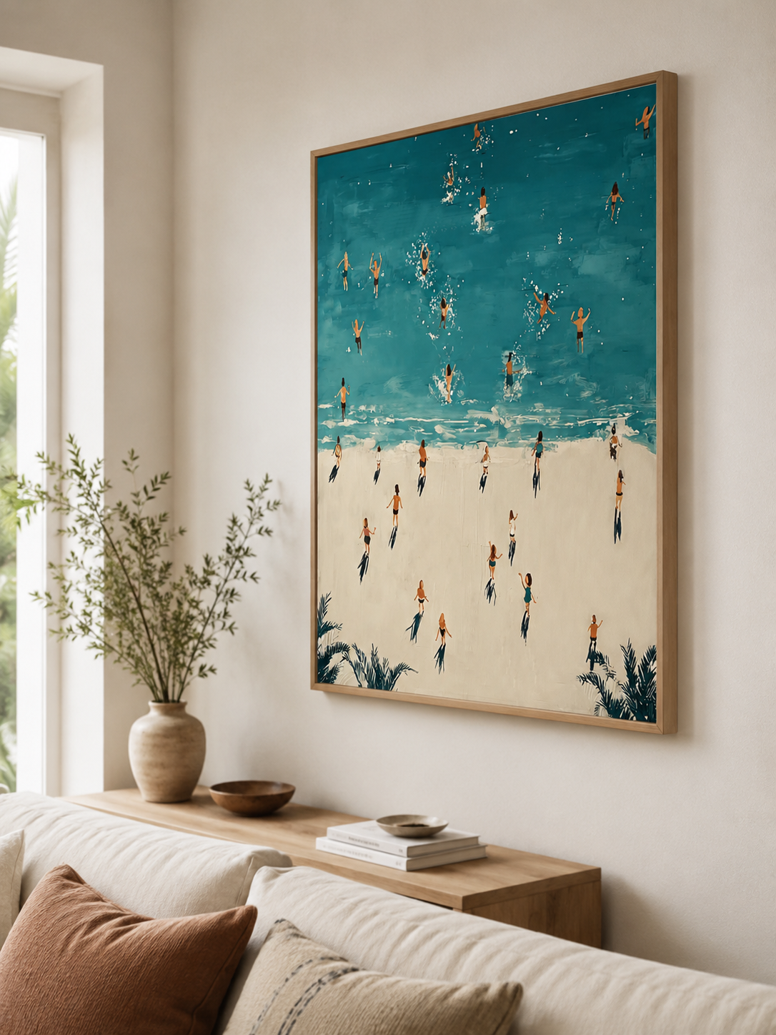 Minimalist Beach Painting With Figures And Shadows For Modern Home Decor