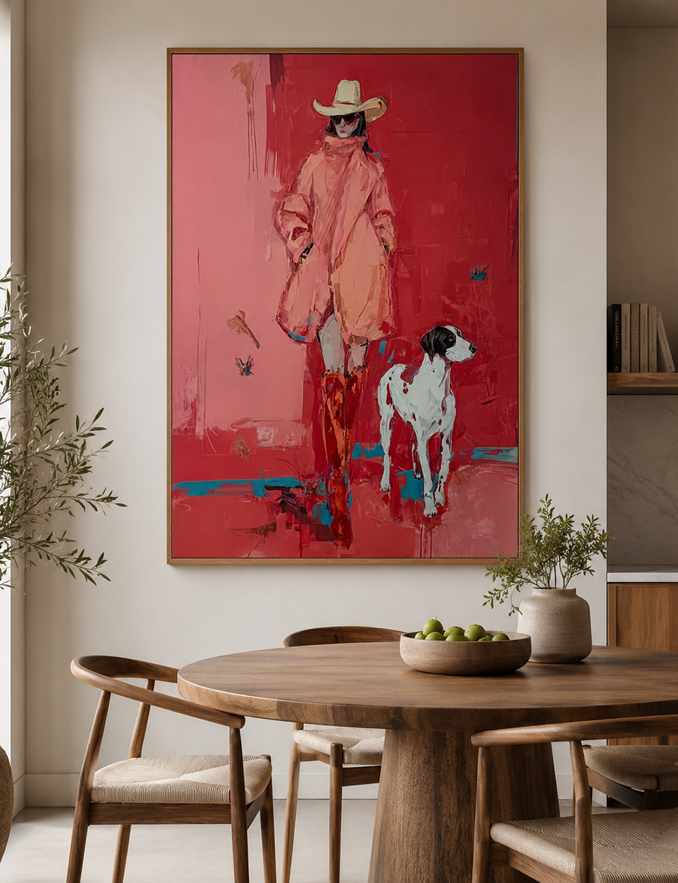 Bold Red Fashion Figure With Dog Original Oil Painting For Modern Home Decor