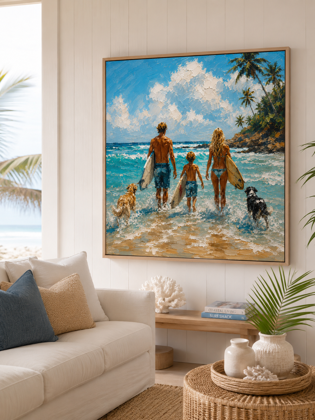 Summer Seaside Landscape Art Family Beach Surfing Painting With Dogs For Coastal Home Decor